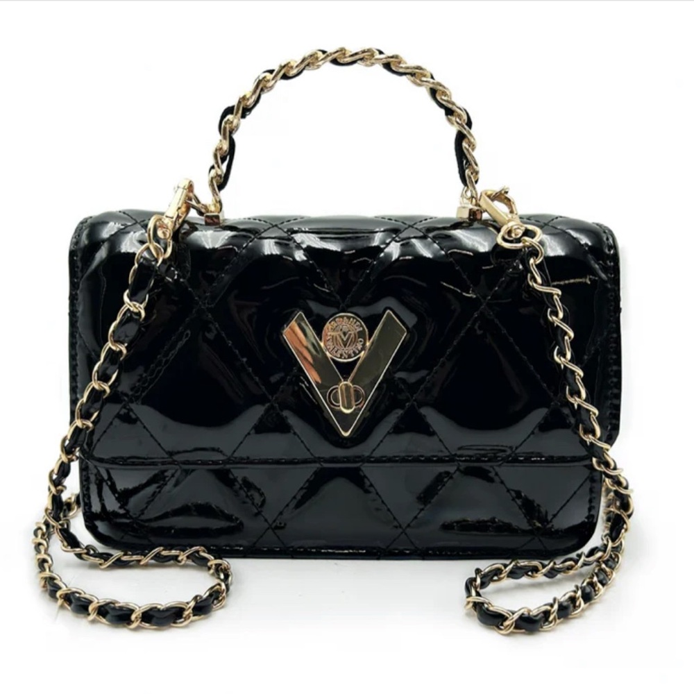 Valentino Orlandi Black Glossy Mini Crossbody Luxury Handbag. NWT $349 V-3019